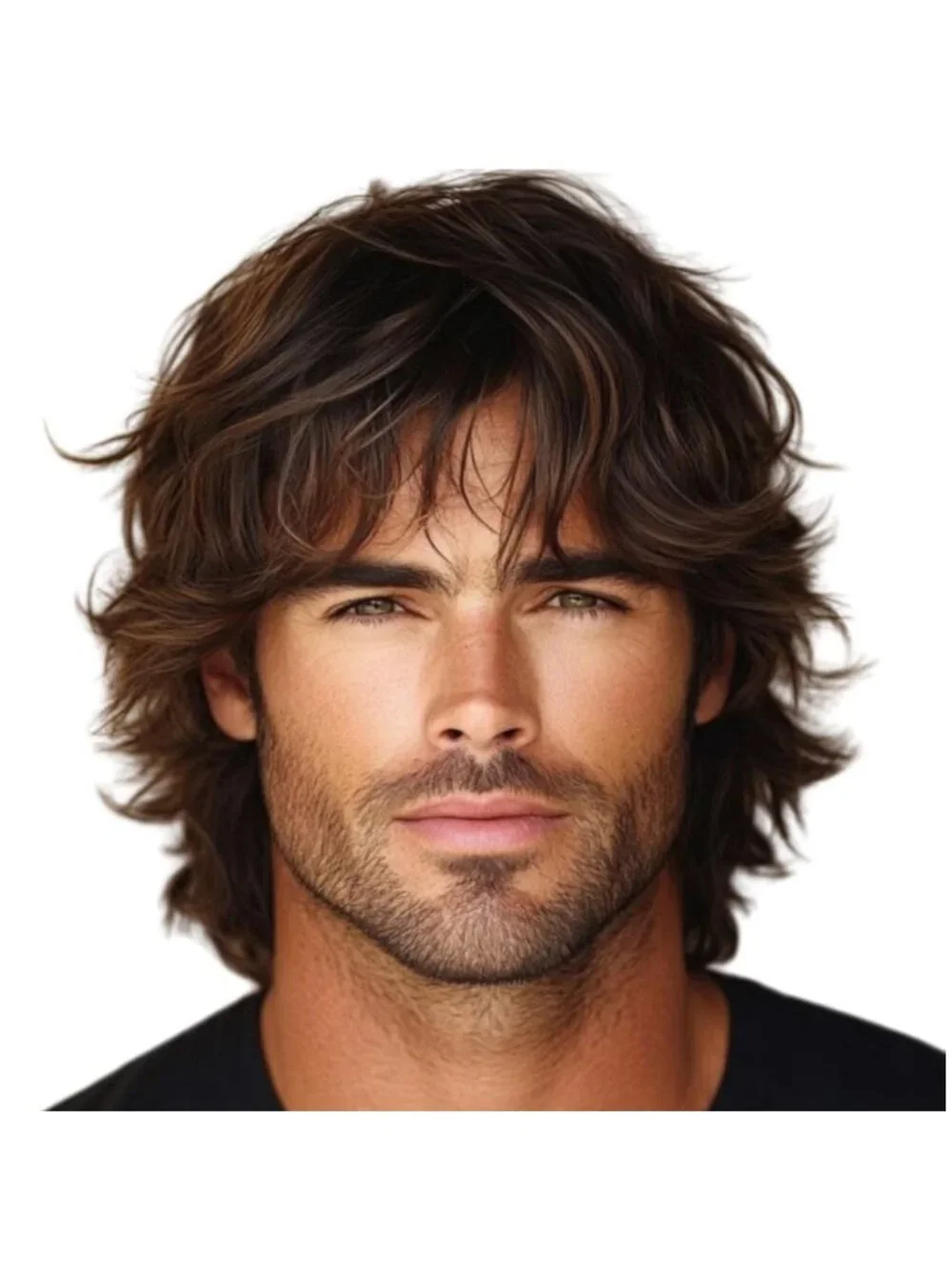 Men's Brown Short Layered Fluffy Natural Wavy Shag Bangs Wig For Cosplay Style